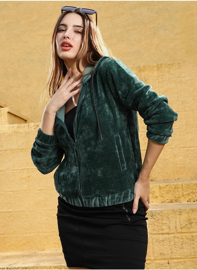 كامبوس سوترا Women's Emerald Green Zip-Front Ribbed Hoodie