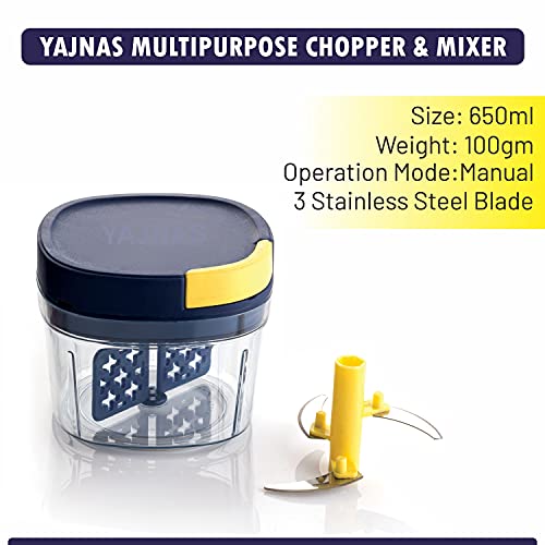 YAJNAS 650 ML Manual New Handy Plastic Chopper Fruits & Vegetable Chopper/Cutter with 3 Steel Blades for Kitchen (Multicolor) - Image 5