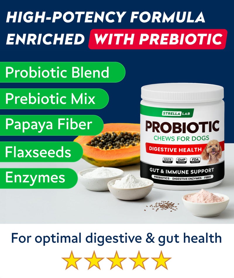 STRELLALAB Dog Probiotics Chews for Digestive Health & Gut Support with Yeast and Enzymes - Anti Gas, Diarrhea and Upset Stomach Immune Supplement - Digestion Treats with Fiber (120Ct, Chicken) - Image 3