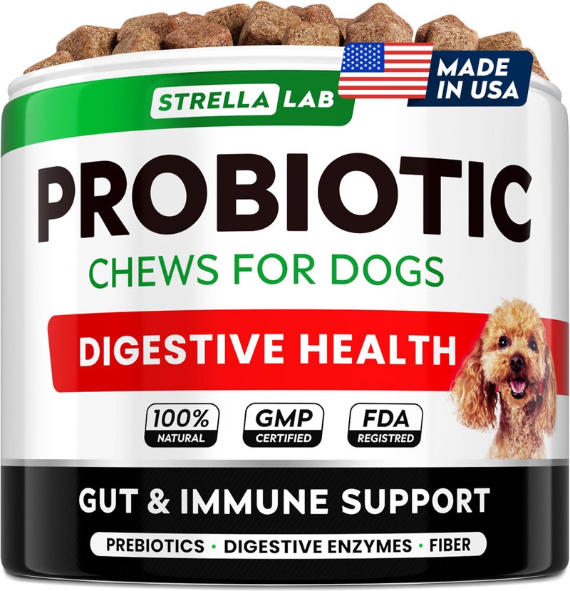 STRELLALAB Dog Probiotics Chews for Digestive Health & Gut Support with Yeast and Enzymes - Anti Gas, Diarrhea and Upset Stomach Immune Supplement - Digestion Treats with Fiber (120Ct, Chicken) - Image 1