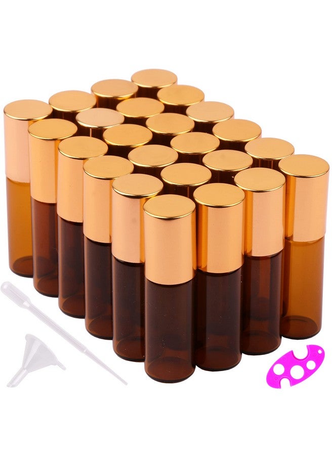 MAXMAU 24 Pack 5Ml Amber Glass Roller Bottles For Essential Oils,Roll On Bottle With Stainless Steel Roller Balls Golden Painted Caps For Daily Aromatherapy Sample Test Travel - Image 1