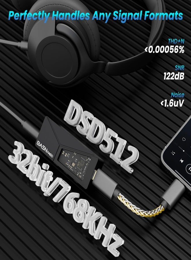 BASN PA60 Portable USB-C DAC Headphone Amplifier, Mini Decoder DAC Dongle ES9039Q2M Amp Support PCM32bit/768kHz DSD512 with 3.5mm and 4.4mm Output for Phone/Laptop/Music Players (Black, 3.5mm/4.4mm) - Image 3