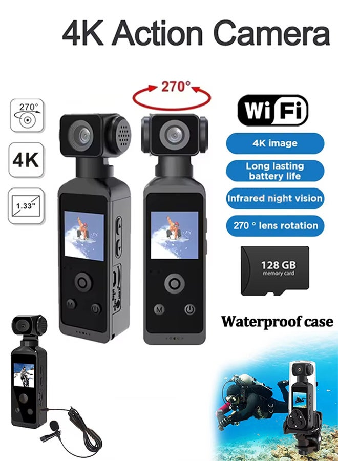4K HD Camera, 270° Rotatable Large Wide Angle, Included 128G Card, 30m/98ft Underwater Camera with & Mic for Outdoor Riding Diving Shooting Vlog , 1000mAh Rechargeable - Image 1