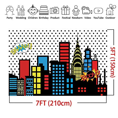 Qian Art Studio 7x5ft Superhero Super City Photography Backdrops Skyline Buildings City Boom Photo Background Children Birthday Party Banner Photo Studio Booth Cake Table Decor Vinyl - Image 3