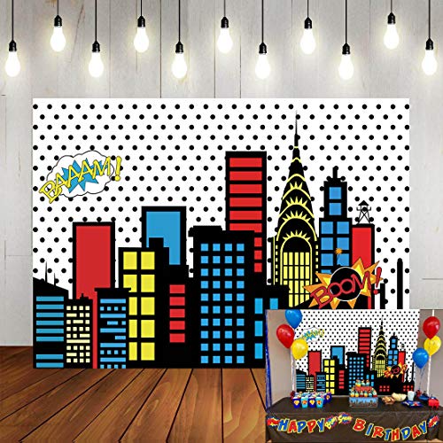 Qian Art Studio 7x5ft Superhero Super City Photography Backdrops Skyline Buildings City Boom Photo Background Children Birthday Party Banner Photo Studio Booth Cake Table Decor Vinyl - Image 1
