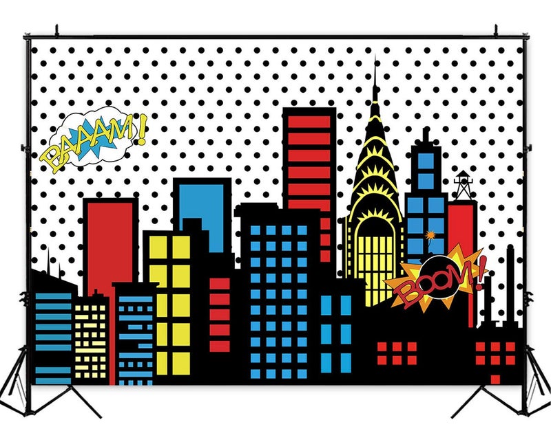 Qian Art Studio 7x5ft Superhero Super City Photography Backdrops Skyline Buildings City Boom Photo Background Children Birthday Party Banner Photo Studio Booth Cake Table Decor Vinyl - Image 2