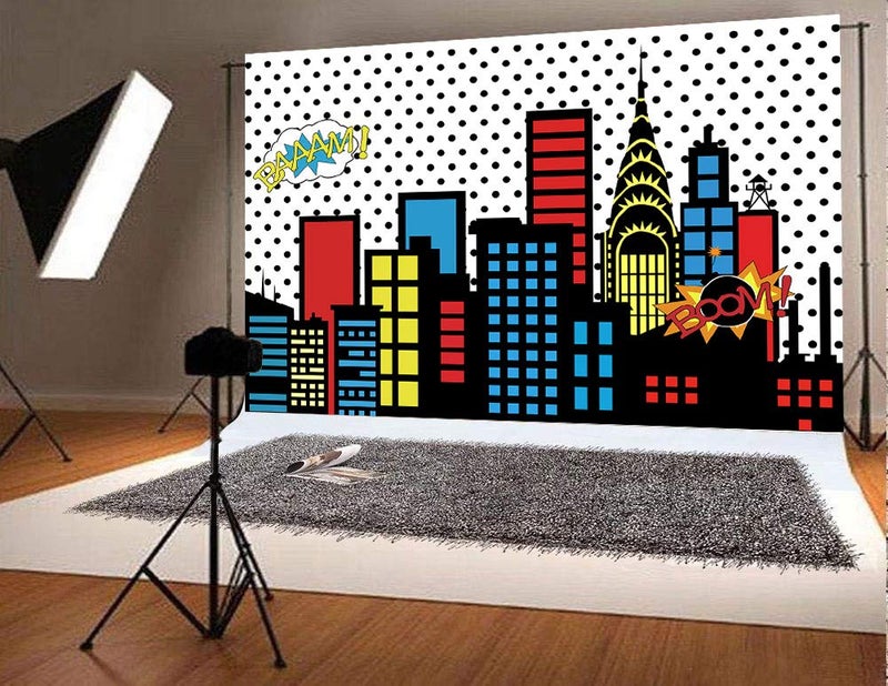 Qian Art Studio 7x5ft Superhero Super City Photography Backdrops Skyline Buildings City Boom Photo Background Children Birthday Party Banner Photo Studio Booth Cake Table Decor Vinyl - Image 4