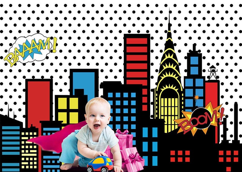 Qian Art Studio 7x5ft Superhero Super City Photography Backdrops Skyline Buildings City Boom Photo Background Children Birthday Party Banner Photo Studio Booth Cake Table Decor Vinyl - Image 5