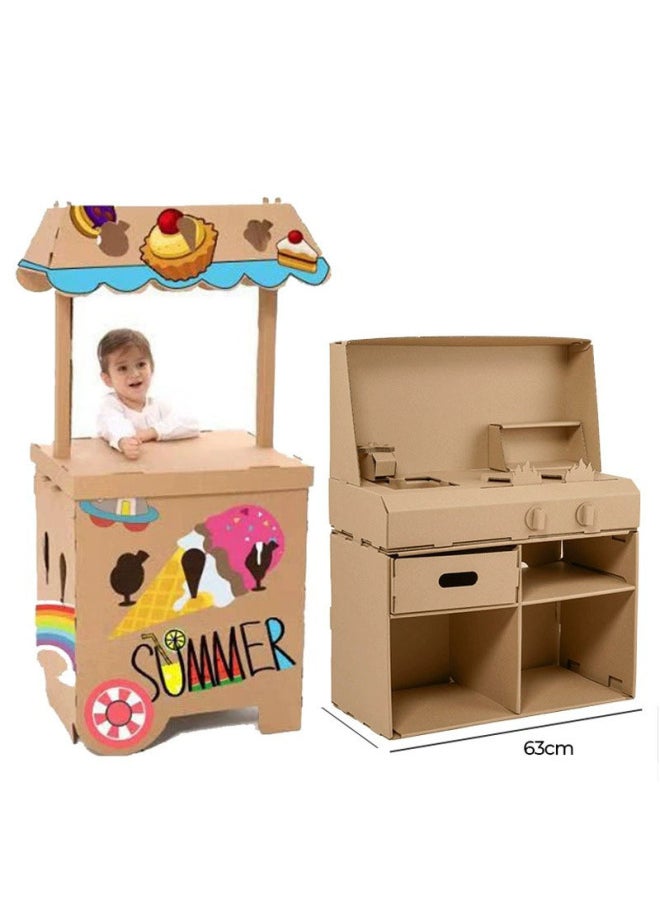 Children's Play House Cardboard Shell Hand Push Ice Cream Dining Cart Carton Kitchen Toy Kindergarten Coloring Insert Model-Color:Ice Cream Car Puzzle Model With Pattern