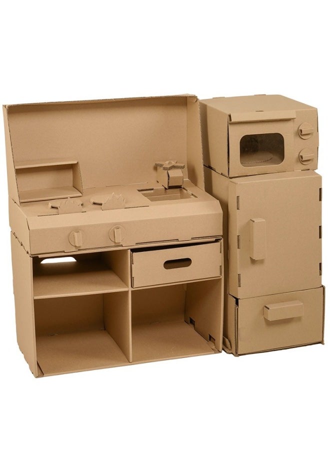 Children's Play House Cardboard Shell Hand Push Ice Cream Dining Cart Carton Kitchen Toy Kindergarten Coloring Insert Model-Color:Ice Cream Car Puzzle Model With Pattern