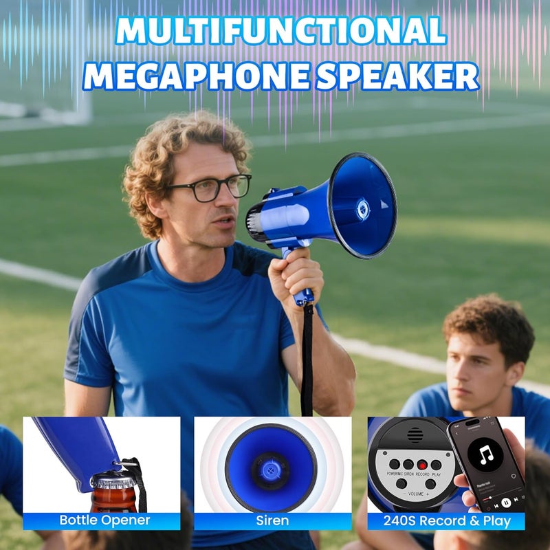 Loudmore 30 Watt Power Portable Megaphone Bullhorn Speaker Voice, Siren/Alarm and 240S Recording with Volume Control and Strap (Blue) - Image 5