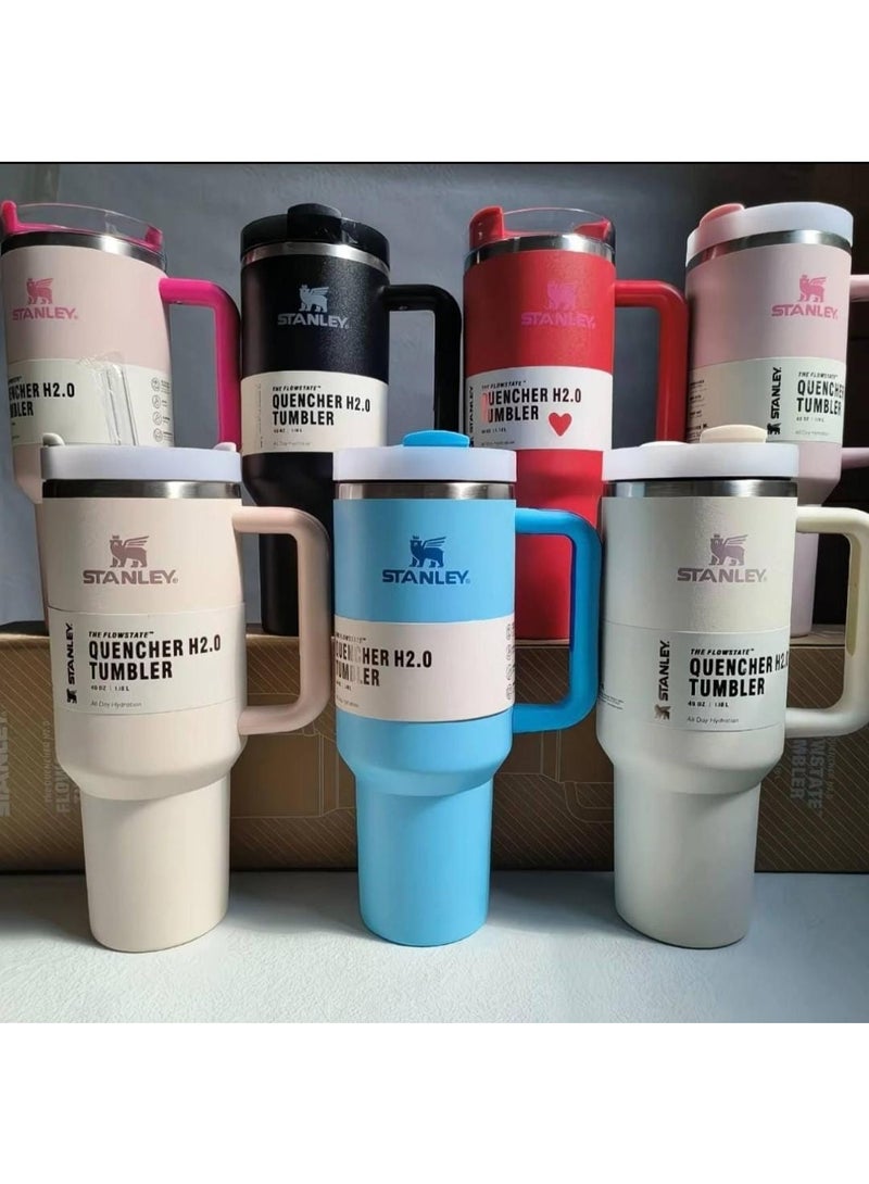 ستانلي كوب استانلس، كوب استانلس سعة 40 اونصه مع شاليموه ومقبض، كوب معزول مع غطاء كوب للسفر، كوب قهوة من الفولاذ المقاوم للصدأ  للمشروبات المثلجة الساخنة، كوب سفر بمقبض - Image 1