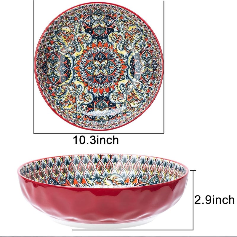 Ronanemon Large Serving Bowls, 75 Oz Fruit Salad Bowls, Bohemian Style Large Porcelain Dishes for Entertaining Parties,Big Bowls for Eating Soup, Salad, Pasta, Fruit, Chips, 10.3 Inch Diameter (red) - Image 4