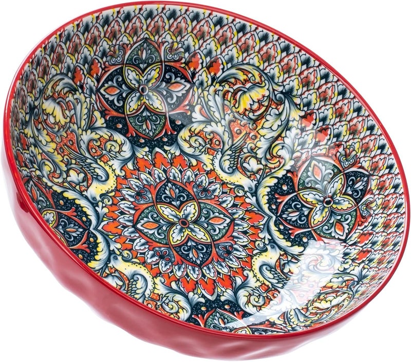 Ronanemon Large Serving Bowls, 75 Oz Fruit Salad Bowls, Bohemian Style Large Porcelain Dishes for Entertaining Parties,Big Bowls for Eating Soup, Salad, Pasta, Fruit, Chips, 10.3 Inch Diameter (red) - Image 1