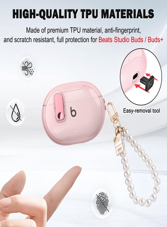 CameCosy for Beats Studio Buds/Buds + Case with Secure Lock Clip Design for Women, Soft TPU Bumper Shockproof Cover for Beat Studio Buds with Pearl Bracelet Keychain-Clear Pink - Image 4