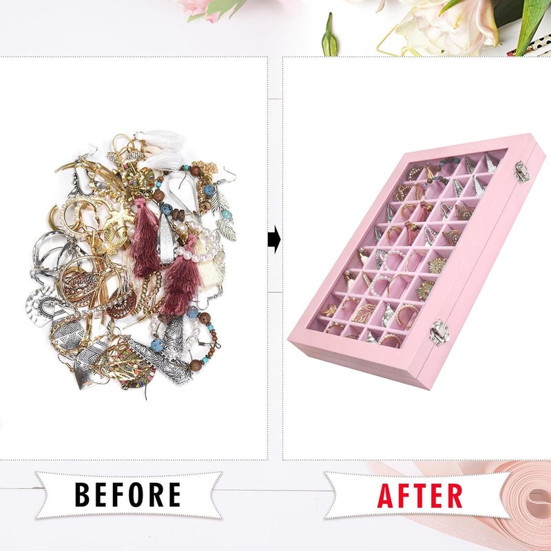 Siveit Jewelry Tray Organizer Box 48 Grid Jewelry Display Organizer Box with Transparent Lid Rings Earrings Necklaces Pendants Display Box Suitable for Women and Girls (48 Grid, Pink) - Image 5