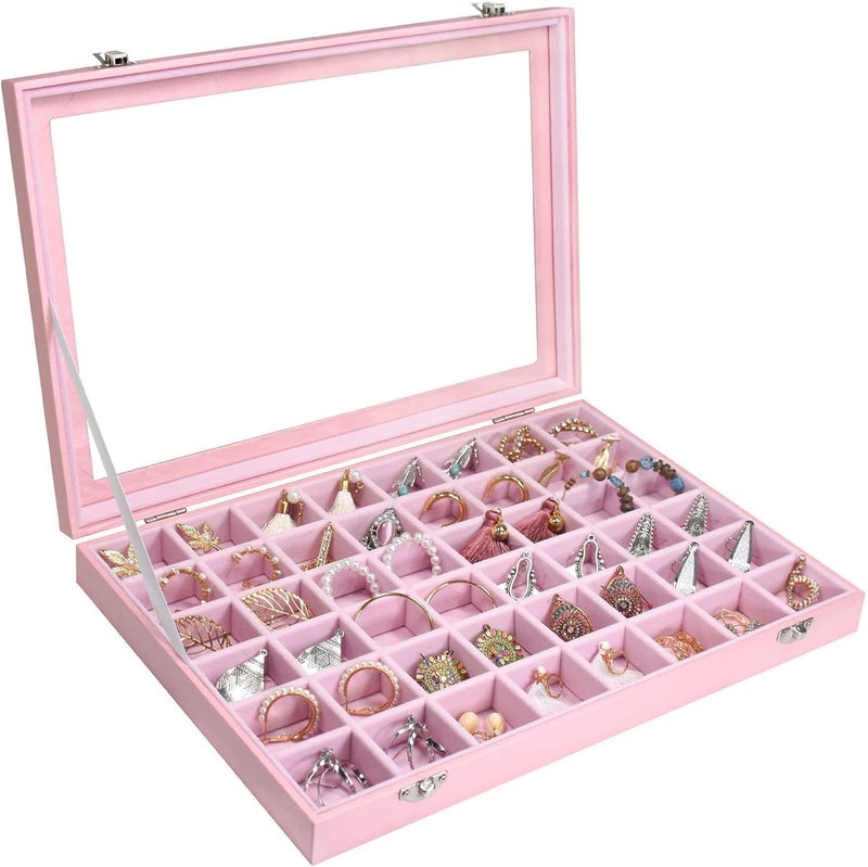 Siveit Jewelry Tray Organizer Box 48 Grid Jewelry Display Organizer Box with Transparent Lid Rings Earrings Necklaces Pendants Display Box Suitable for Women and Girls (48 Grid, Pink) - Image 1
