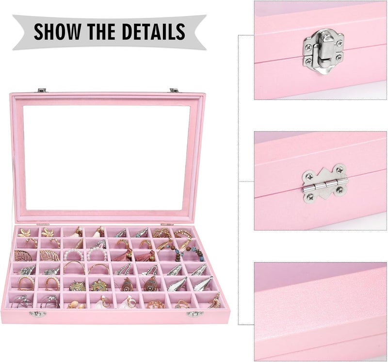 Siveit Jewelry Tray Organizer Box 48 Grid Jewelry Display Organizer Box with Transparent Lid Rings Earrings Necklaces Pendants Display Box Suitable for Women and Girls (48 Grid, Pink) - Image 4