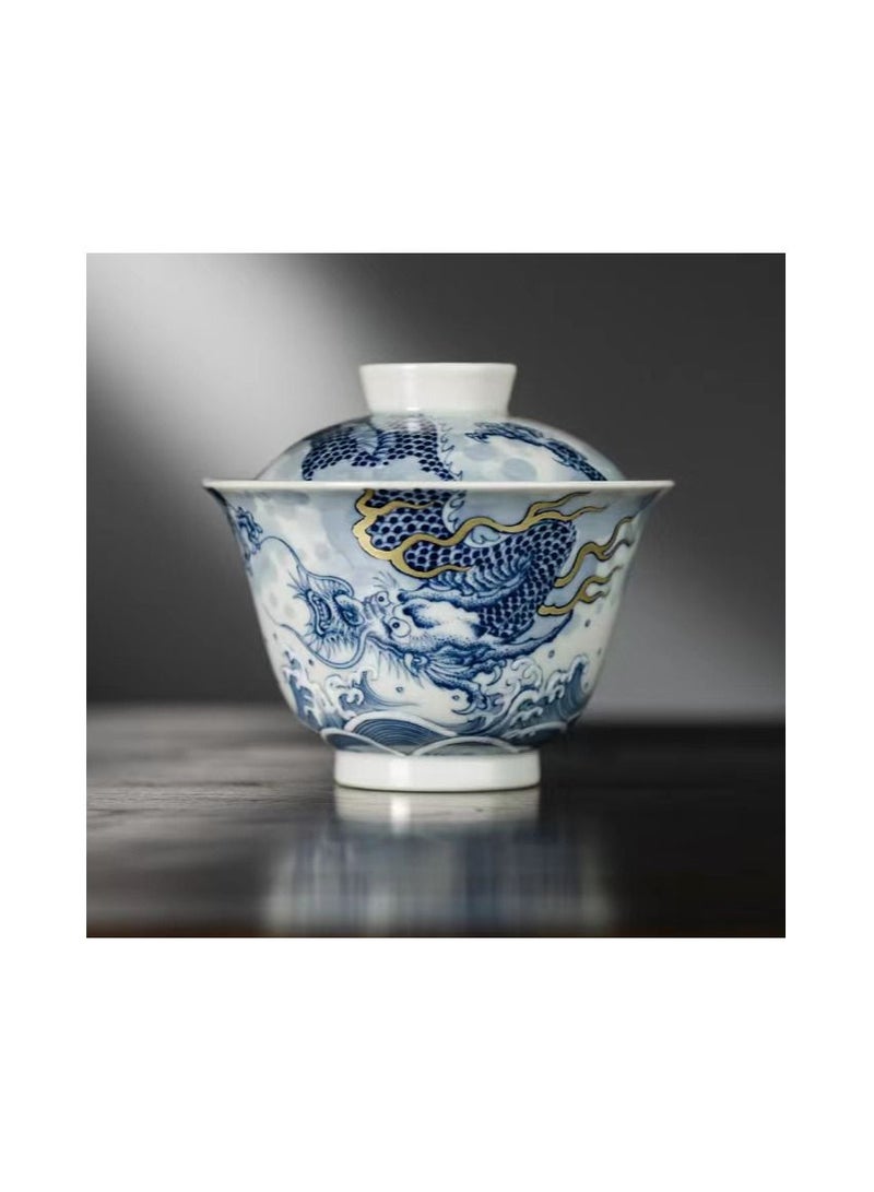1-Piece Chinese Old Porcelain Blue and White Bowl Tea Set,Chinese Tea Bowl with Cover,Chinese Traditional Handicraft Ceramic Tea Set - Image 2
