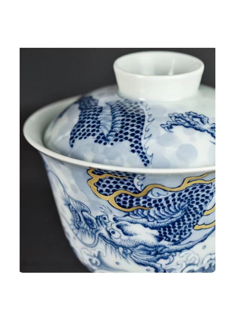 1-Piece Chinese Old Porcelain Blue and White Bowl Tea Set,Chinese Tea Bowl with Cover,Chinese Traditional Handicraft Ceramic Tea Set - Image 4
