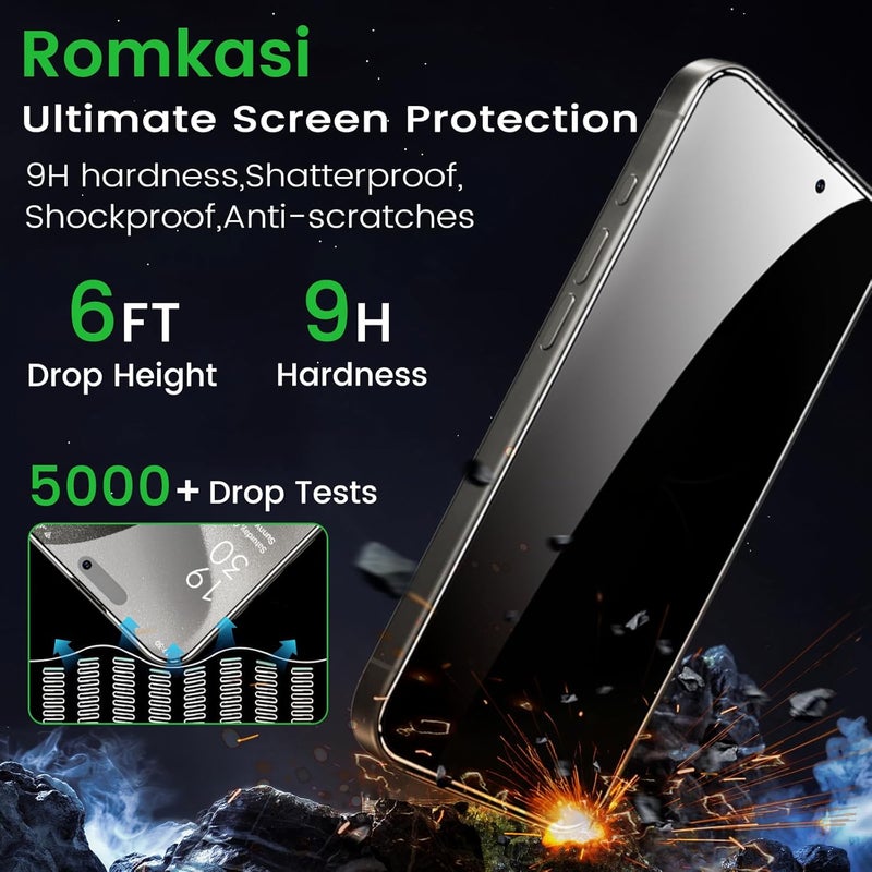 Romkasi 4 Pack Privacy Screen Protector for iPhone 15 Pro Max 6.7 Inch with 4 Pack Camera Lens Protector, Anti Spy Tempered Glass Film, Anti-Scratch, Touch Sensitive, Case Friendly - Image 4