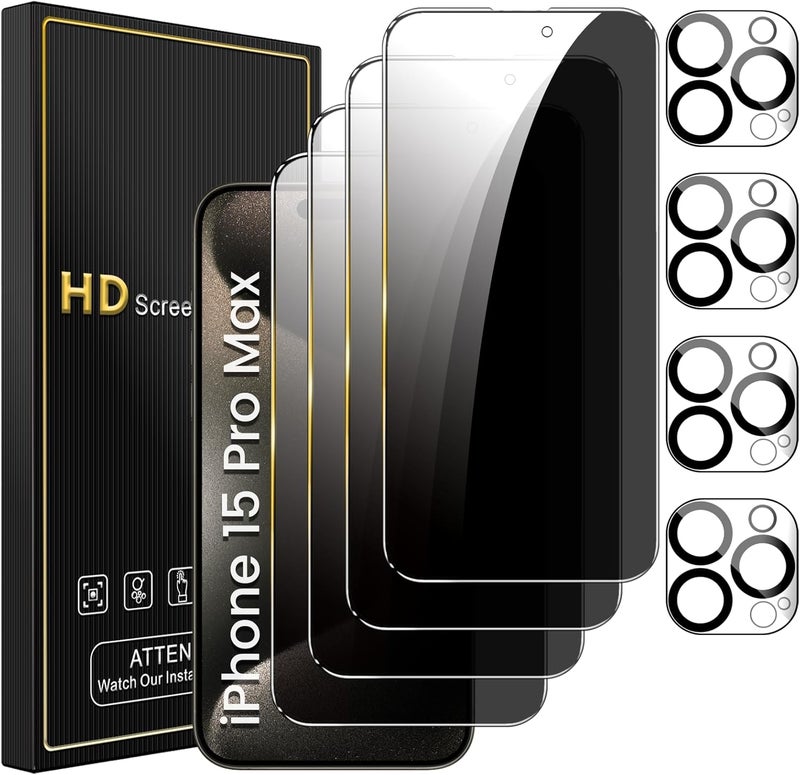 Romkasi 4 Pack Privacy Screen Protector for iPhone 15 Pro Max 6.7 Inch with 4 Pack Camera Lens Protector, Anti Spy Tempered Glass Film, Anti-Scratch, Touch Sensitive, Case Friendly - Image 1