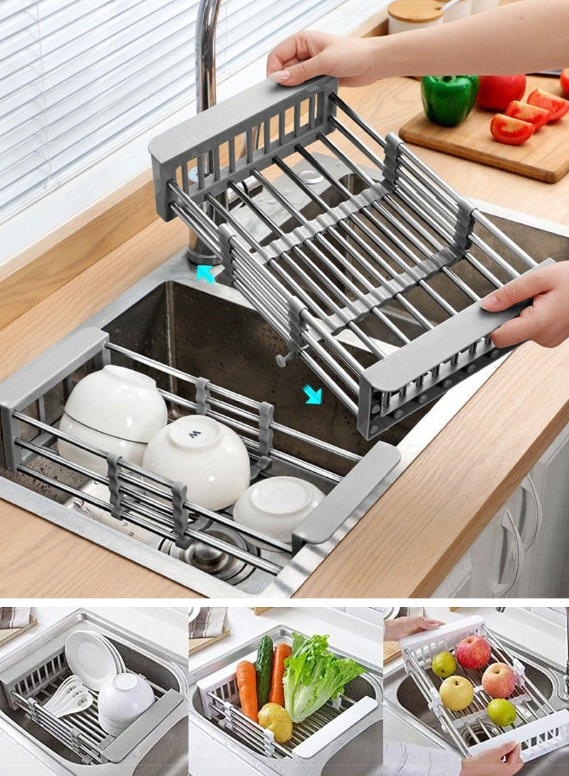 Retractable Kitchen Sink Drain Rack Universal Size Sink Strong Load-bearing Tableware Storage Rack Fruit and Vegetable Drain Basket Stainless Steel Dishwashing Rack  - Image 1