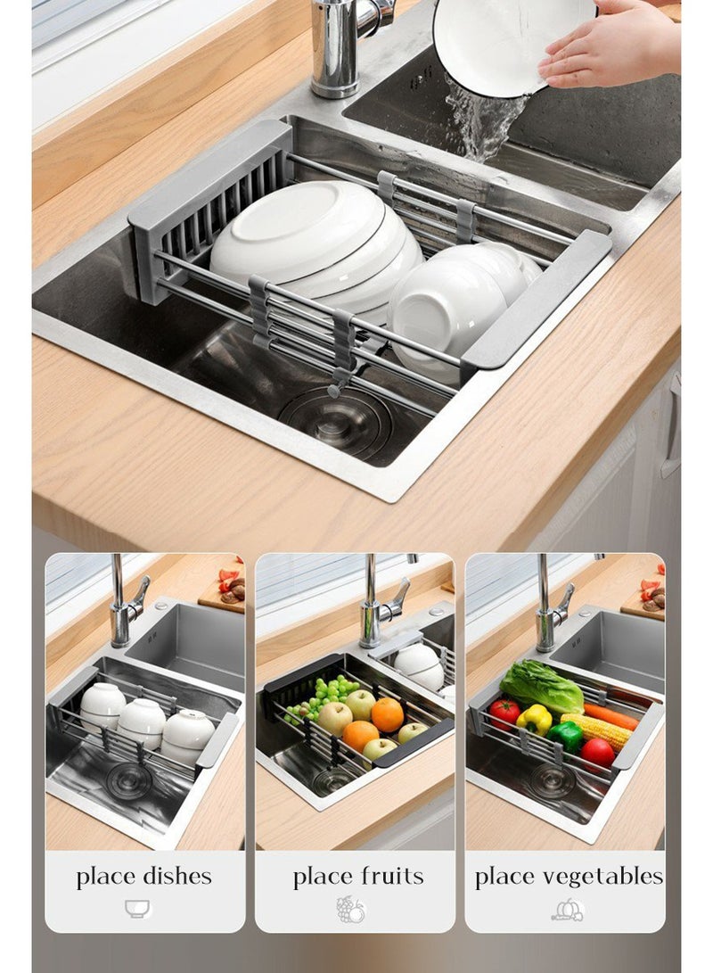 Retractable Kitchen Sink Drain Rack Universal Size Sink Strong Load-bearing Tableware Storage Rack Fruit and Vegetable Drain Basket Stainless Steel Dishwashing Rack  - Image 4