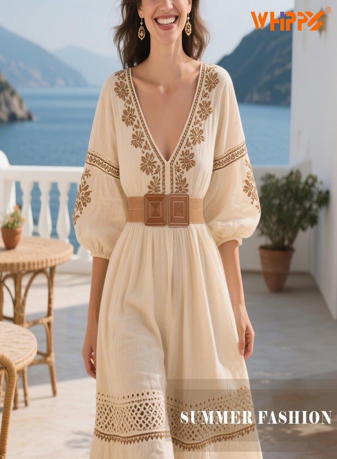 WHIPPY Straw Woven Elastic Belt for Women Fashion Boho Raffia Ladies Belt Braided Wide Stretch Waistband for Dress, Brown, M - Image 5