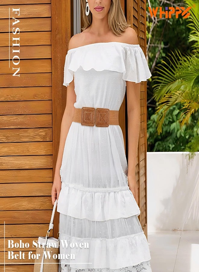 WHIPPY Straw Woven Elastic Belt for Women Fashion Boho Raffia Ladies Belt Braided Wide Stretch Waistband for Dress, Brown, M - Image 2