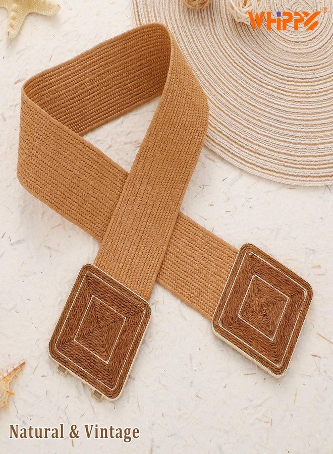 WHIPPY Straw Woven Elastic Belt for Women Fashion Boho Raffia Ladies Belt Braided Wide Stretch Waistband for Dress, Brown, M - Image 4