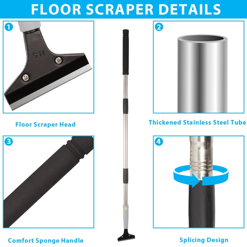 Greeily Floor Scraper, 31" to 61" Scraper Tool Long Handle with 4-inch Razor Blade Stainless Steel Material Adjustable Cleaning Glass Wall Gum Paint Tile Glue Linoleum Carpet Sturdy Durable - Image 3