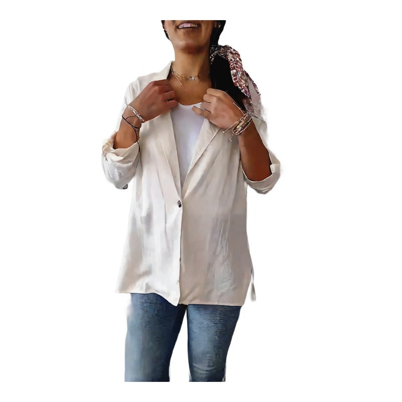 Casual Notch Lapel Single Button Cotton Linen Blazer Jacket - Image 1