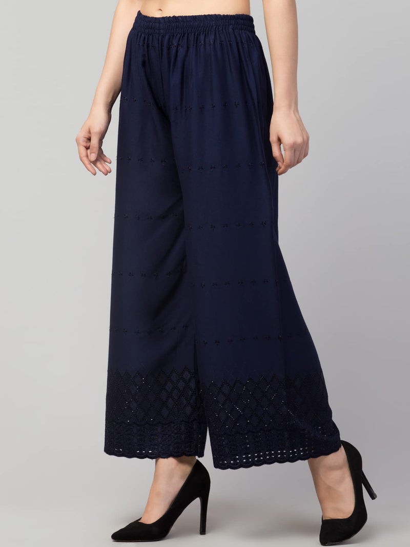 TREND LEVEL Women's Chicken Embroidery Regular Fit Rayon Palazzo Free Size 30 to 38 Navy Blue - Image 4