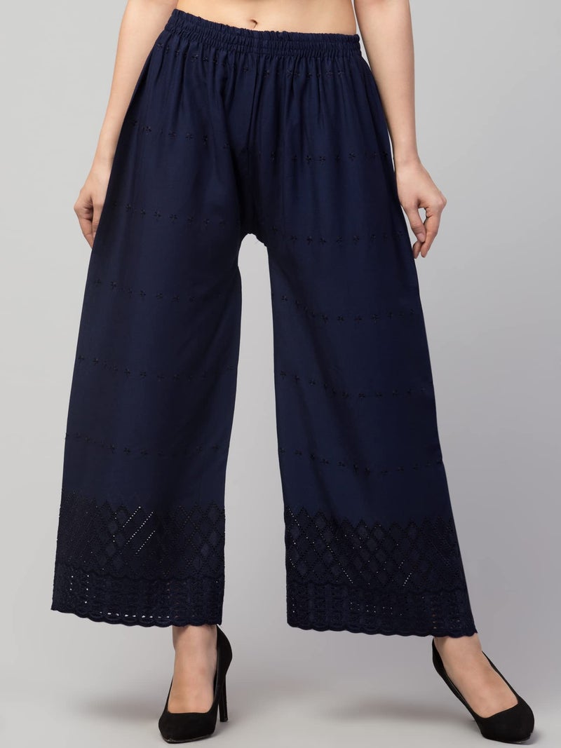 TREND LEVEL Women's Chicken Embroidery Regular Fit Rayon Palazzo Free Size 30 to 38 Navy Blue - Image 2