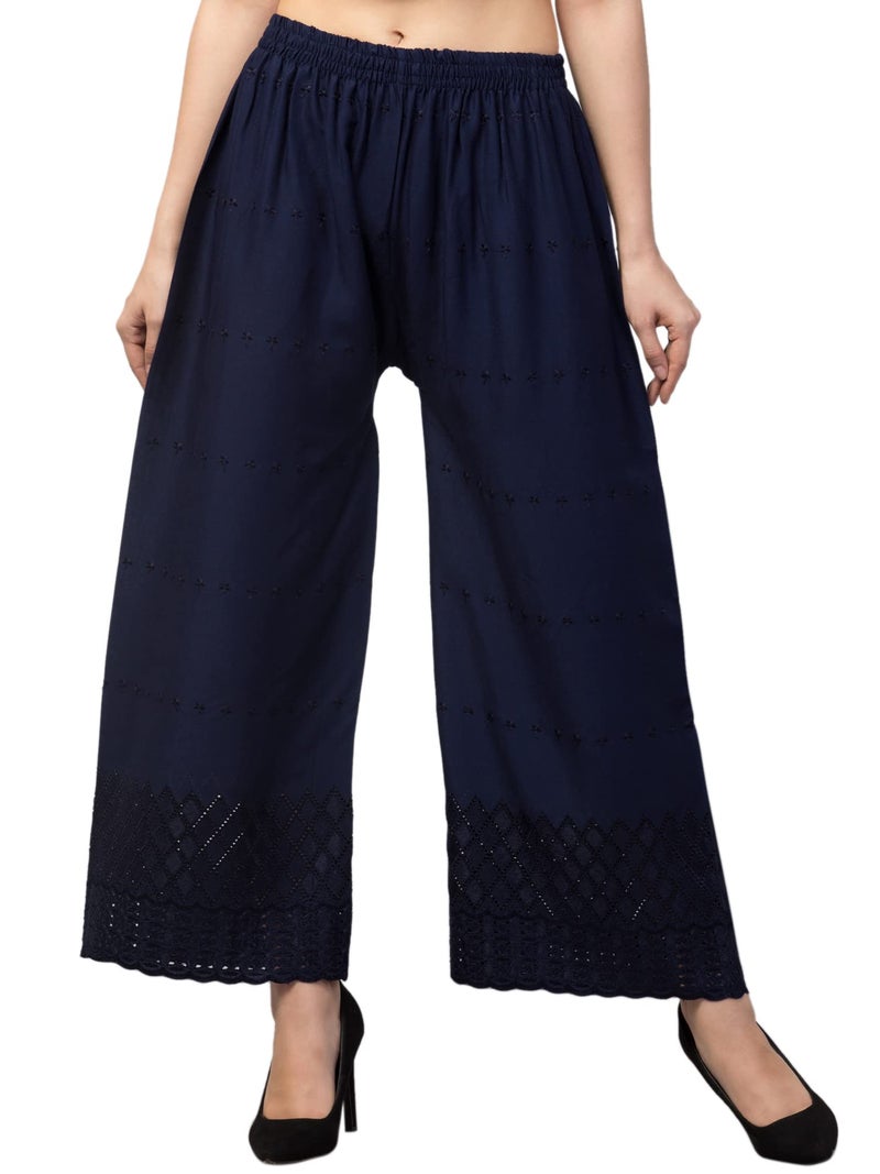 TREND LEVEL Women's Chicken Embroidery Regular Fit Rayon Palazzo Free Size 30 to 38 Navy Blue - Image 1