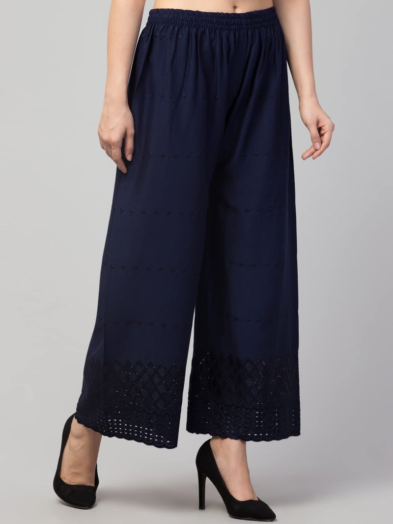 TREND LEVEL Women's Chicken Embroidery Regular Fit Rayon Palazzo Free Size 30 to 38 Navy Blue - Image 5