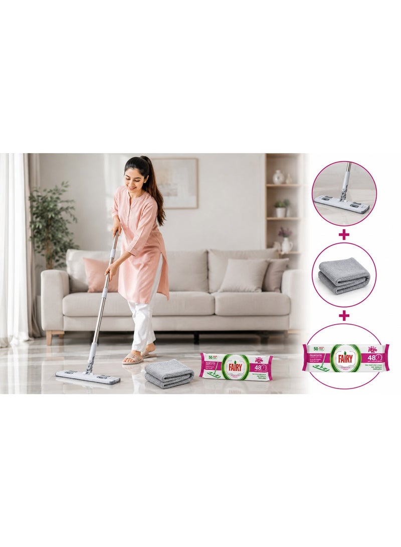 Fairy 3 in 1 Flat Mop Cleaning Set with Microfiber Towel & Fairy Lilly 50 Floor Wipes Packet – 360° Rotating Mop for Home, Kitchen & Floor Cleaning - Image 4