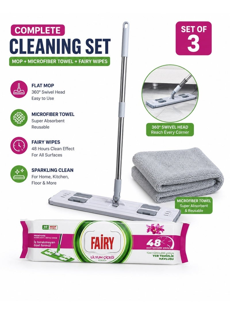 Fairy 3 in 1 Flat Mop Cleaning Set with Microfiber Towel & Fairy Lilly 50 Floor Wipes Packet – 360° Rotating Mop for Home, Kitchen & Floor Cleaning - Image 2