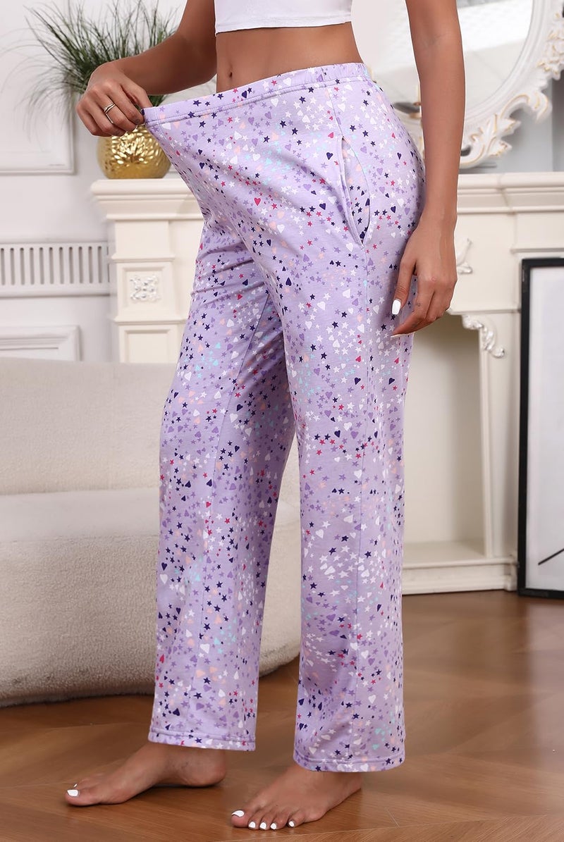 PNAEONG Women Cotton Pajama Pants Comfy Pj Bottoms Soft Printed Lounge Pant with Pockets Purple L - Image 3
