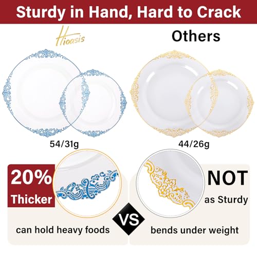 Hioasis 350pcs Clear Blue Plastic Plates Elegant Disposable Dinnerware Set Suitable for 50 Guests Include 1025 Dinner 75 Dessert Plates Pre Rolled Silverware Set Cups for Party Wedding - Image 5