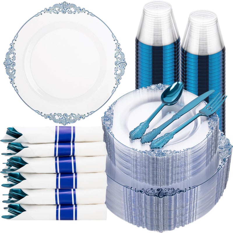 Hioasis 350pcs Clear Blue Plastic Plates Elegant Disposable Dinnerware Set Suitable for 50 Guests Include 1025 Dinner 75 Dessert Plates Pre Rolled Silverware Set Cups for Party Wedding - Image 3