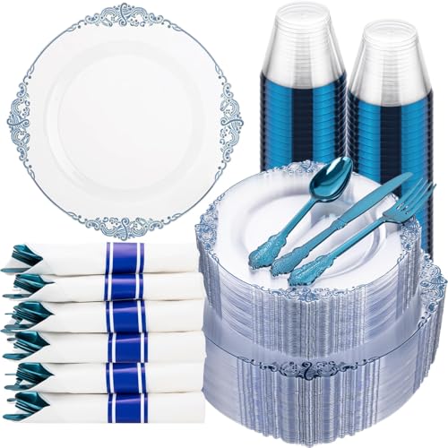 Hioasis 350pcs Clear Blue Plastic Plates Elegant Disposable Dinnerware Set Suitable for 50 Guests Include 1025 Dinner 75 Dessert Plates Pre Rolled Silverware Set Cups for Party Wedding - Image 2