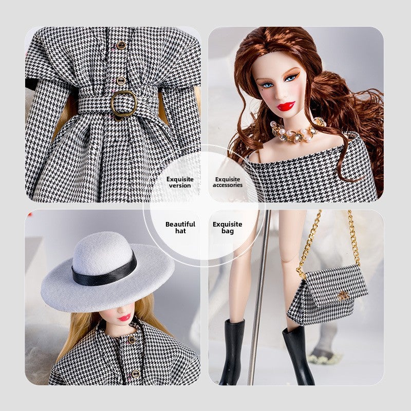 Fairy supermodel doll clothing FR dad can wear black and white houndstooth trench coat suit girl change fashion toy(Black Leather Beret, 32cm supermodel doll similar body can be worn) - Image 3