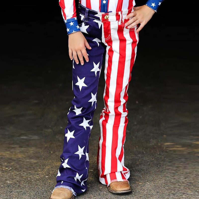 cheekyglo July 4th American Flag Mother and Me Matching Clothes,Kids Girl Flare Wide Leg Jeans Classic Bootcut Denim Pants - Image 3