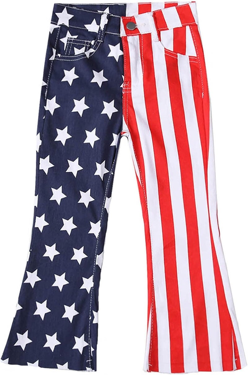 cheekyglo July 4th American Flag Mother and Me Matching Clothes,Kids Girl Flare Wide Leg Jeans Classic Bootcut Denim Pants - Image 1