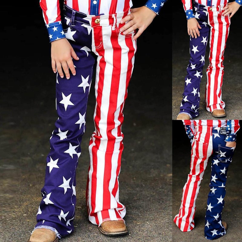cheekyglo July 4th American Flag Mother and Me Matching Clothes,Kids Girl Flare Wide Leg Jeans Classic Bootcut Denim Pants - Image 2