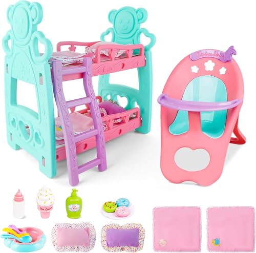deAO Baby Doll Bunk Bed Crib High ChairDoll Furnitures Accessories Bed Doll Crib for Twin Dolls fits 12 13 14 Inch - Image 1