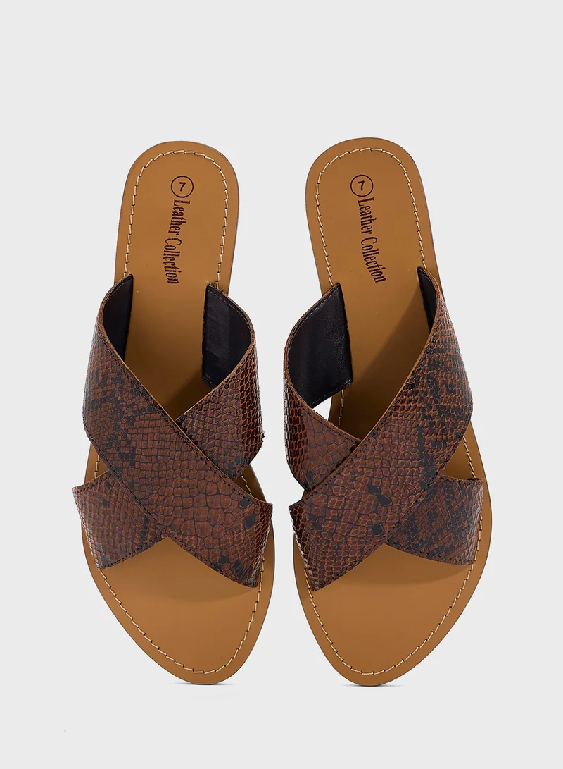 LEATHER COLLECTION Printed Cross Strap Flat Sandal