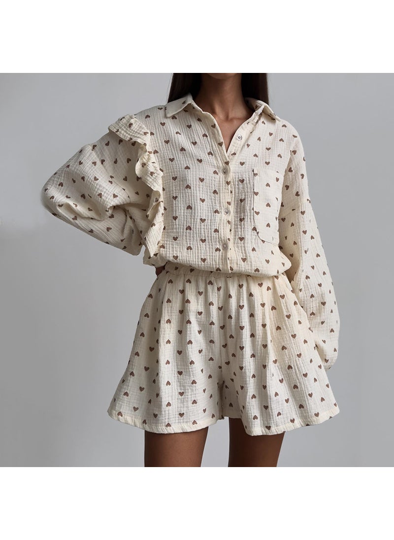 Generic - 2024 Spring Ruffle Love Print Shirt  Shorts Set Apricot love - Image 1